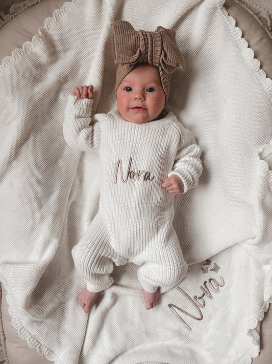 Baby-Strickdecke mit Muschelrand | Weiß