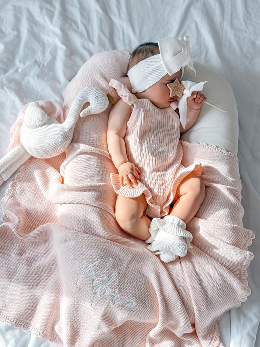 Baby-Strickdecke mit Muschelrand | Hellrosa