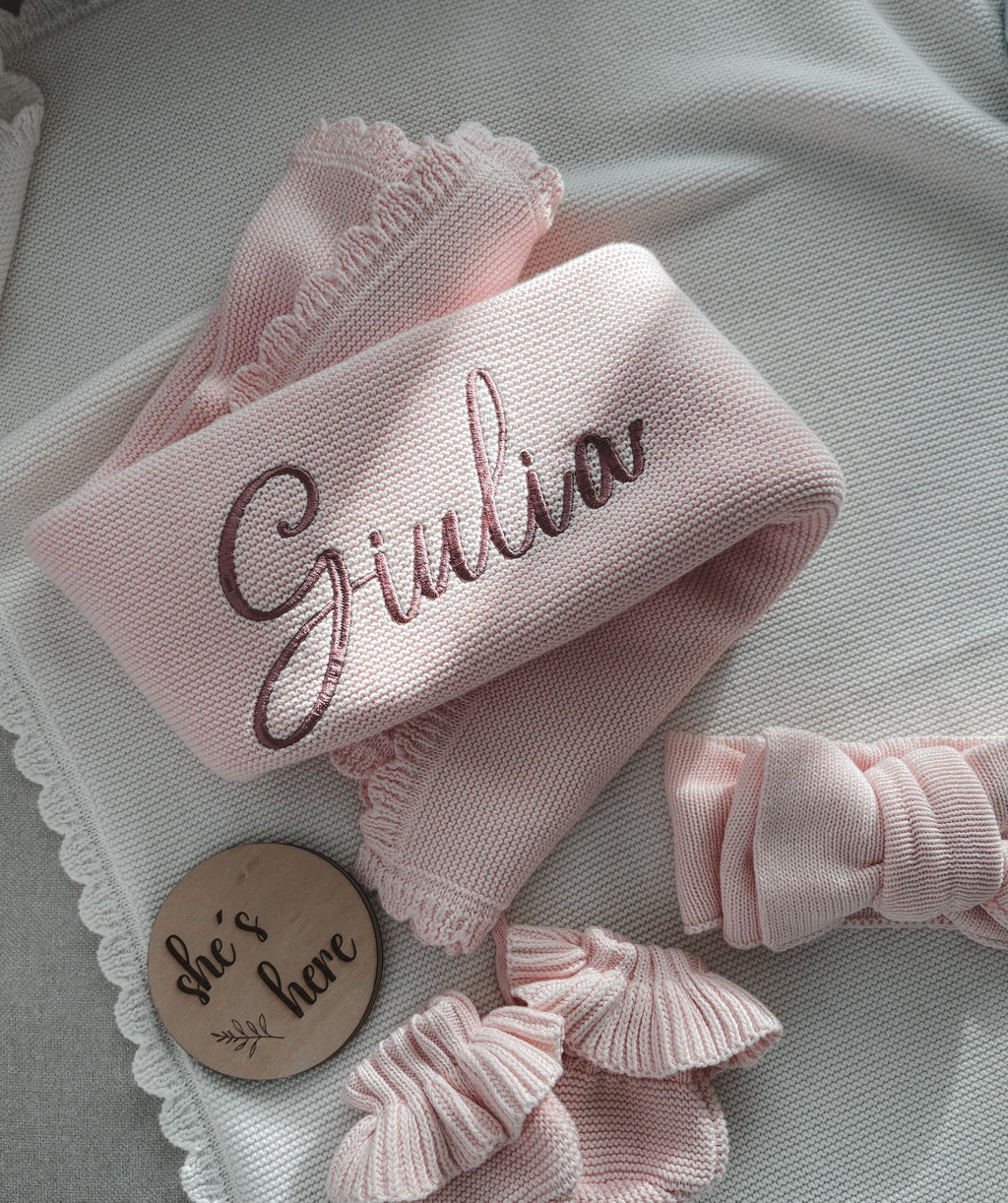 Baby-Strickdecke mit Muschelrand | Puderrosa