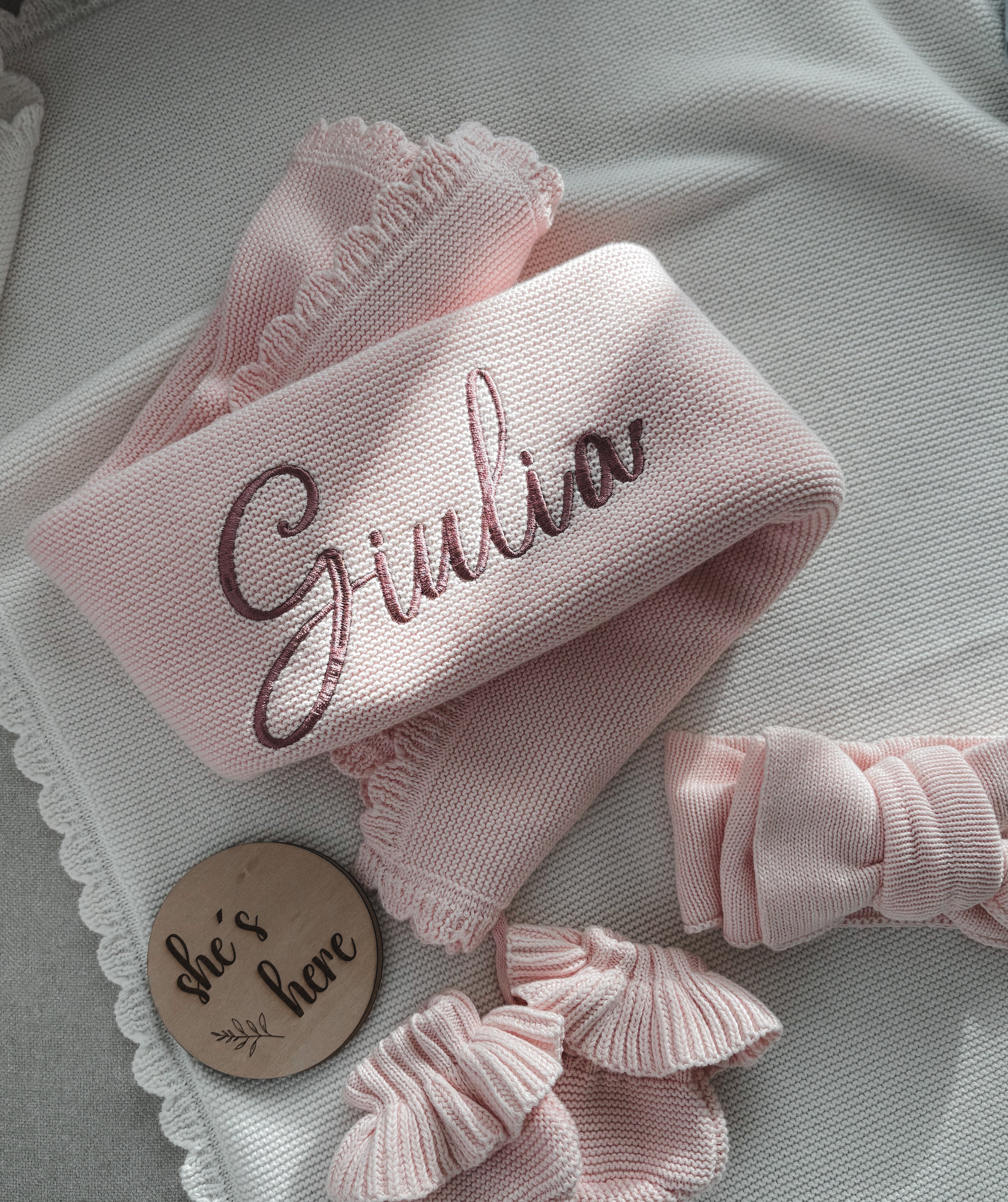 Baby-Strickdecke mit Muschelrand | Puderrosa