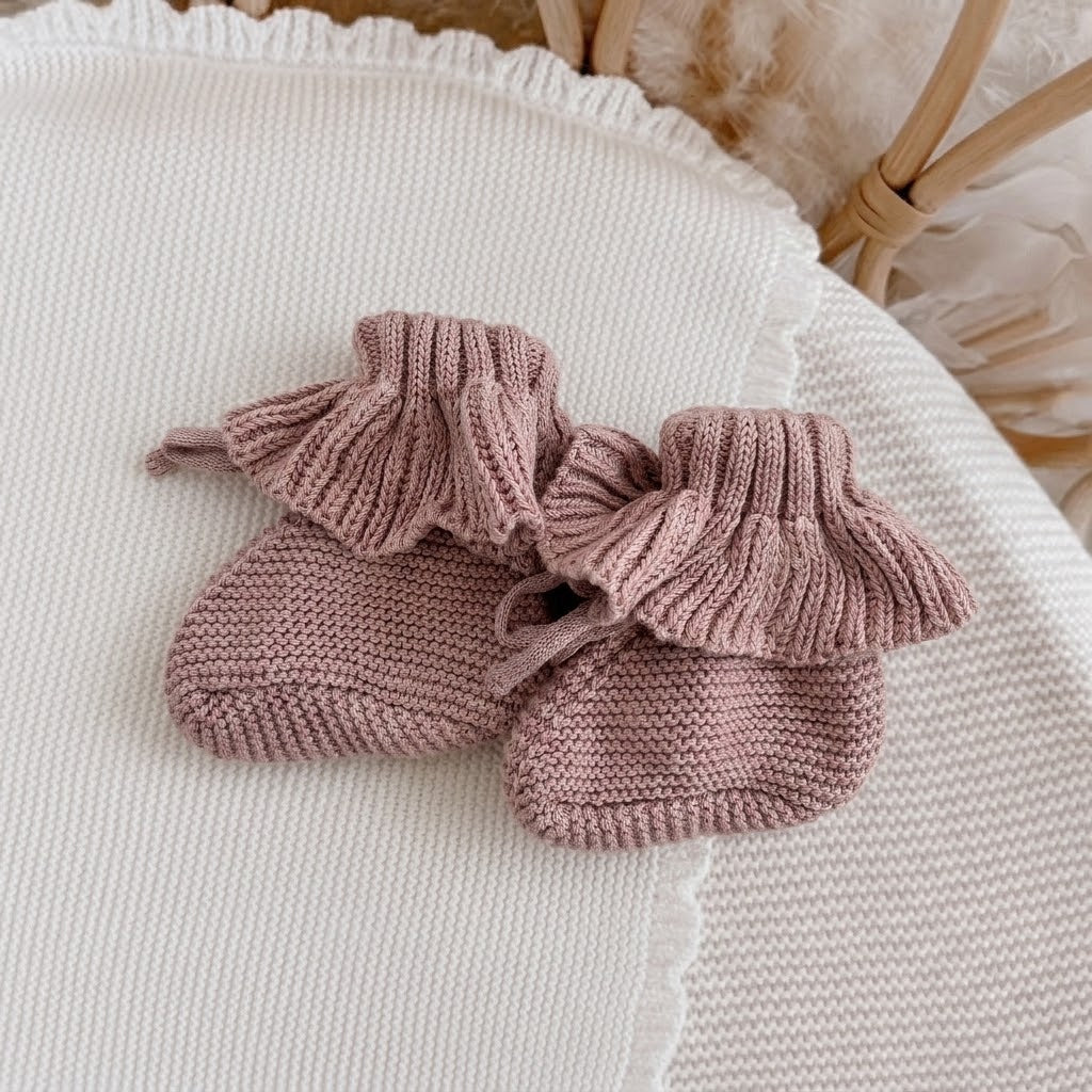 Baby knitted booties with ruffles | Powder pink