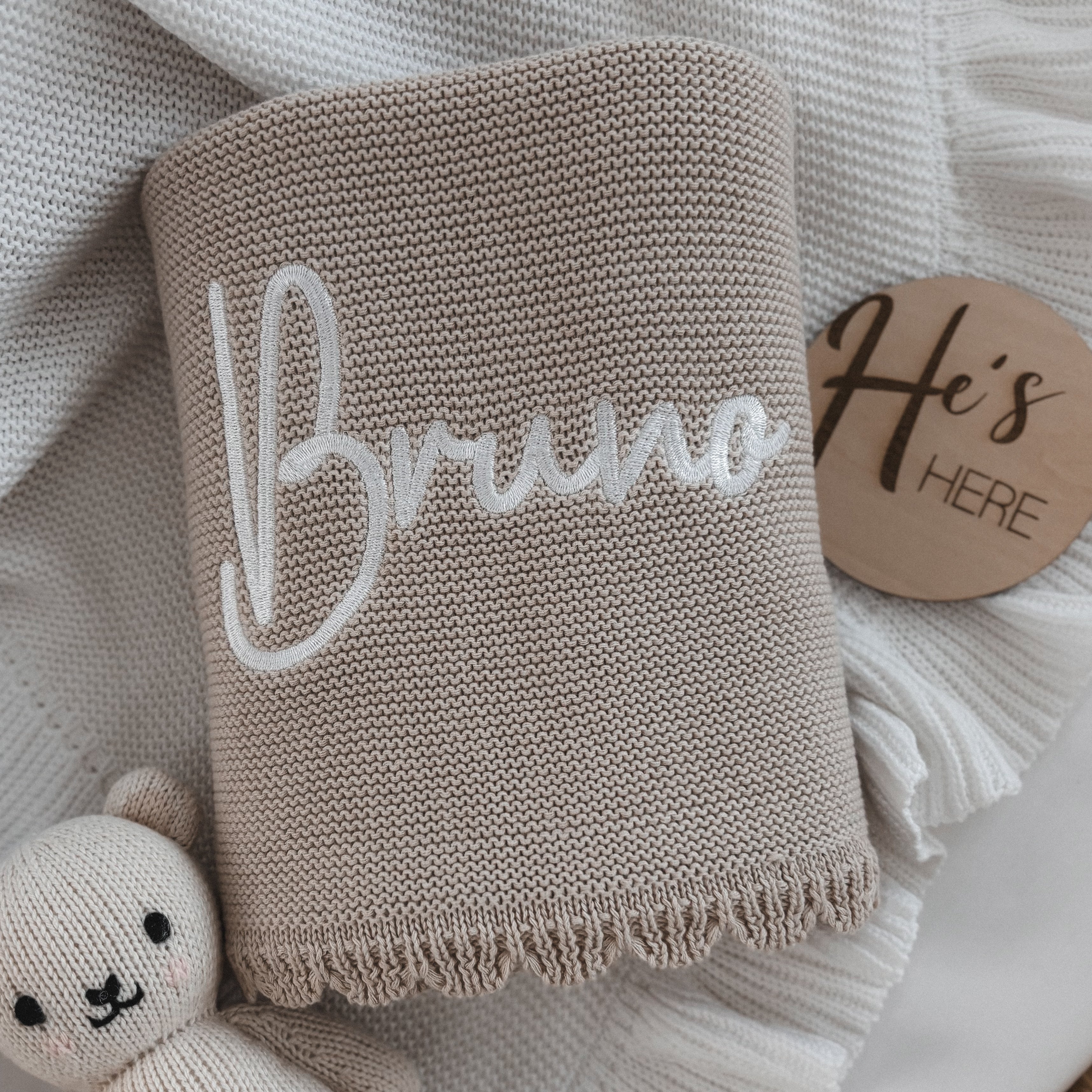 Strickdecke baby Beige mit namen